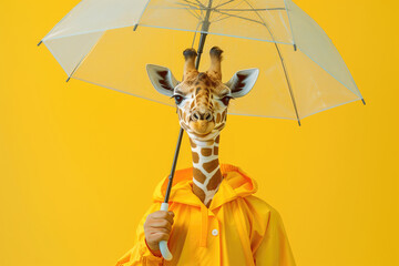 Bright giraffe with clear umbrella in yellow raincoat - rain weather season