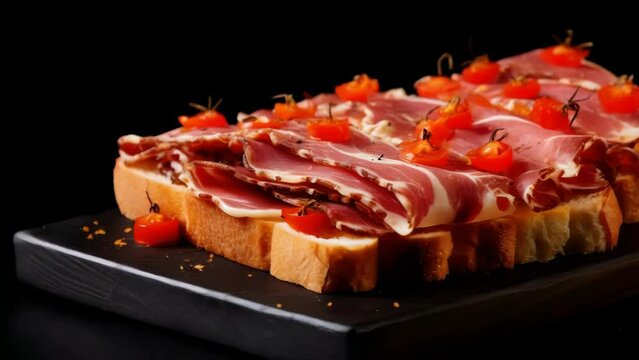 A plate of ham and tomato slices on a wooden board