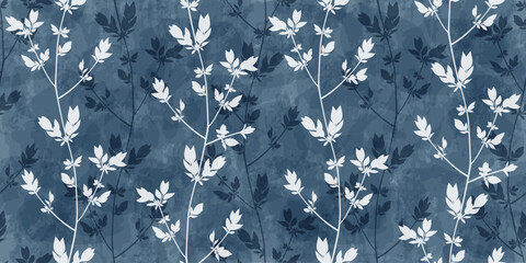 Spring branches seamless vector pattern. Small leaves prune, watercolor delicate blue floral ornament