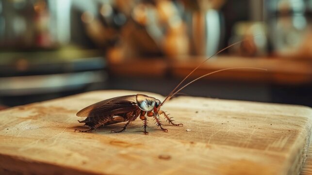 cockroach on a wooden kitchen board with blurred background in high resolution and quality hd