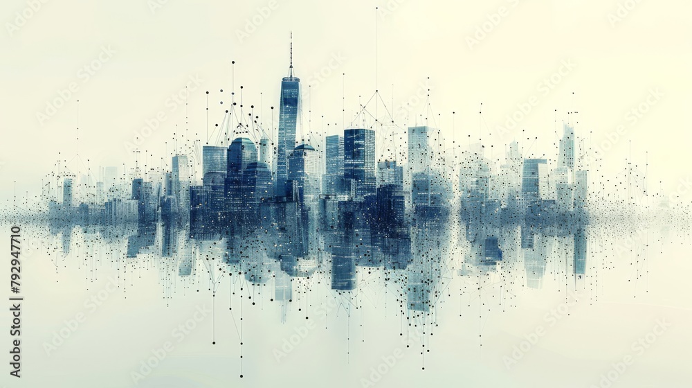 Aufkleber Shape of buildings combined with line and dots in the style of digital technology