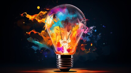 Lightbulb eureka moment with Impactful and inspiring artistic colourful explosion of paint energy.