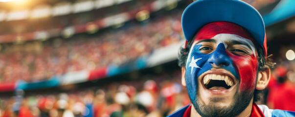 Chilean football soccer fans in a stadium supporting the national team, Face painted in flag colors, La Roja
