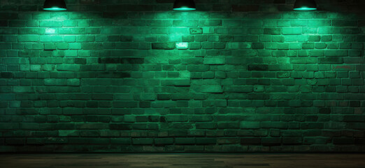 A moody green-lit brick wall with ambient lighting casting an eerie glow over the textured surface.