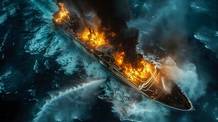 Tragic Incident: Ocean Liner Ship on Fire in Turbulent Waves. Concept Ship Fire, Ocean Disaster, Turbulent Waves, Tragic Incident