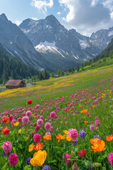 Fototapeta premium Alpenwiese. Berge im Hintergrund. schneebedeckte Gipfel. Sommer. Sonne. schönes Wetter, Blumenwiese