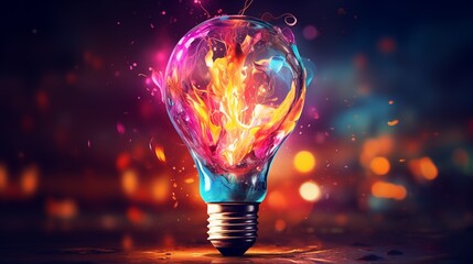 Lightbulb eureka moment with Impactful and inspiring artistic colourful explosion of paint energy. - obrazy, fototapety, plakaty