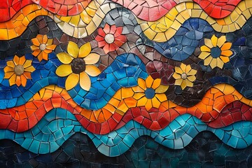 Vibrant pattern featuring sinuous lines and flowers, colored mosaic backdrop, background