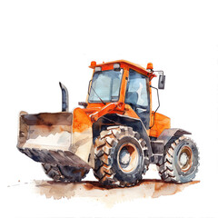 Minimalistic watercolor illustration of a skid steer loader on a white background, cute and comical,