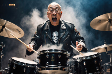 rock drummer in an aggressive attitude with the appearance of the Dalai Lama on stage between...