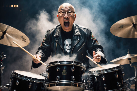 rock drummer in an aggressive attitude with the appearance of the Dalai Lama on stage between lights and smoke
