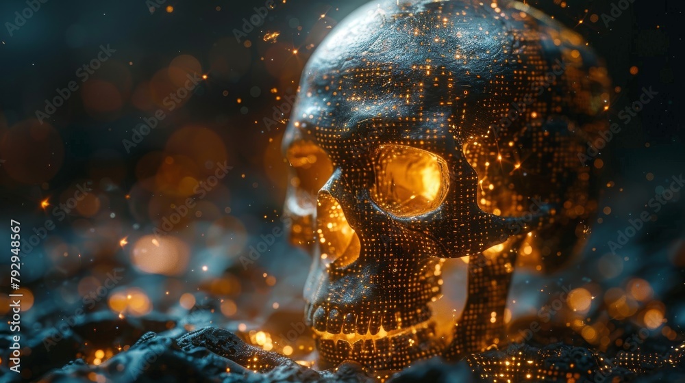 Fototapete Computer hacker concept with realistic skull graphic and binary code