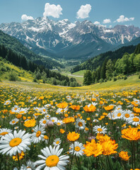 Alpenwiese. Berge im Hintergrund. schneebedeckte Gipfel. Sommer. Sonne. schönes Wetter, Blumenwiese