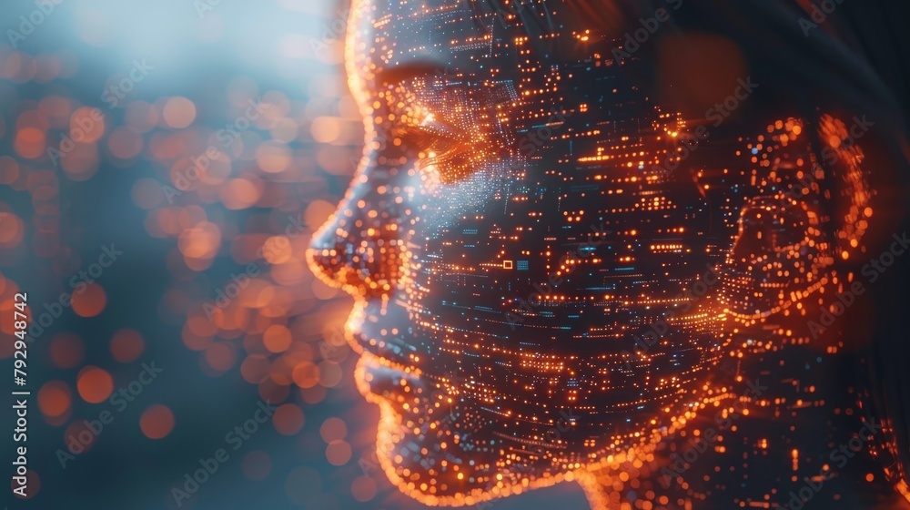 Poster Shape of people combined with electronic patterns and digital technology elements in a concept known as the digital twin or internet of things (IoT) or machine learning