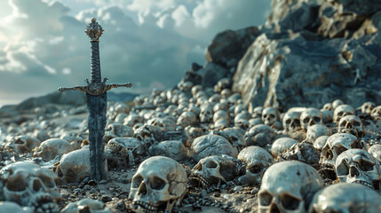 Barbarian victory depicted by sword in skulls pile, 3D render, uncluttered backdrop - obrazy, fototapety, plakaty