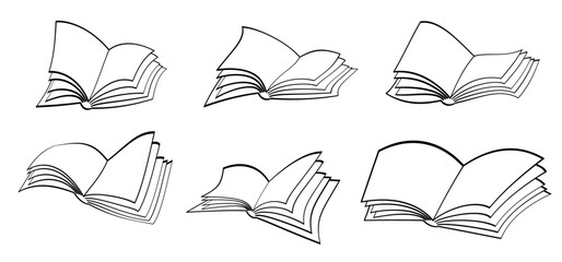 Fototapeta premium Cartoon open book and pages. Education concept. Line drawing. Opened books sign. Book store logo. Flying pages. World book day. Pencil with hand, line drawing.