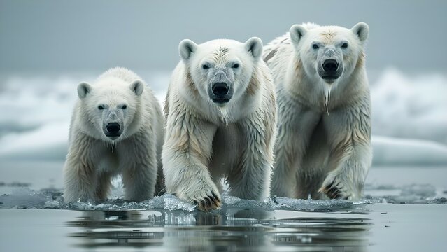 Polar bear family escapes melting ice due to global warming and conservation efforts. Concept Global Warming, Conservation, Polar Bears, Melting Ice, Wildlife Rescue