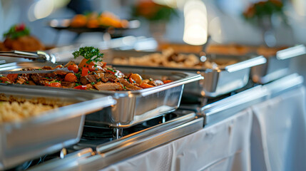 Buffet line of chafing dishes ready for guests, clean, clear background, ample text area