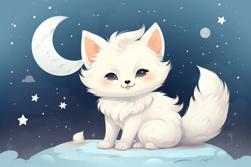 Fototapeta premium Charming white fox on moon, starry cartoon, bell adornment, broad text area, spotless background