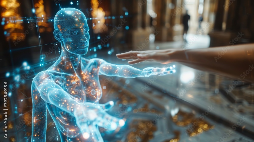 Aufkleber Augmented reality or AR technology, mobile device with a user reaching towards futuristic digital elements