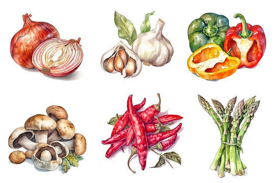 watercolor collection of vegetable clipart onions garlic peppers mushrooms chilies asparagus isolated on white