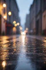 Blurred background with rain falling on the asphalt in a city