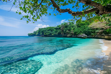 Realistic sea, A breathtaking photograph of beautiful Sea in Asia, with sand, vibrant colors reflecting off the water and some tree.
Sea, evoking a sense of tropical paradise in Asia.