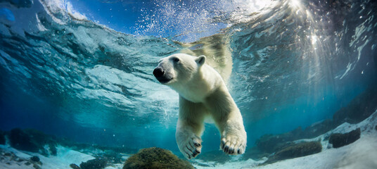 Polar bear swimming underwater in the freezing arctic ocean.