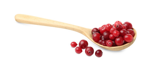 Wooden spoon and fresh ripe cranberries isolated on white
