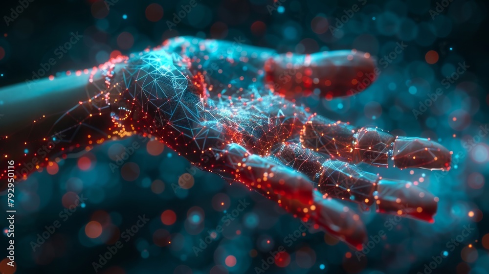 Poster A wireframe hand reaches out to digital technology elements in a concept of machine learning or cyber security