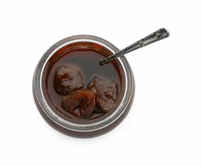 Fotobehang Jar of tasty sweet fig jam and spoon isolated on white, top view © New Africa
