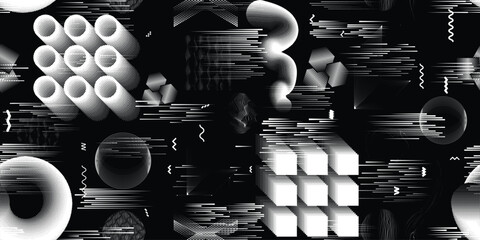 Glitch distorted grungy abstract forms . Cyber punk seamless pattern texture. Halftone dots .Futuristic background . Glitched shapes with dots and lines .Screen print endless pattern texture