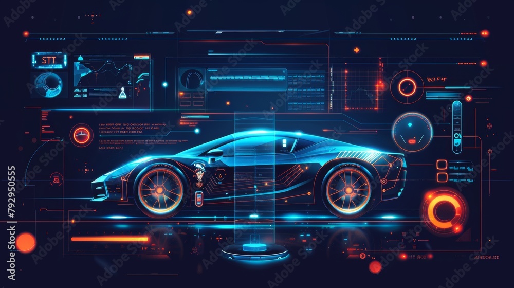 Poster futuristic car service, scanning and data analysis banner. futuristic smart car and icons with machi