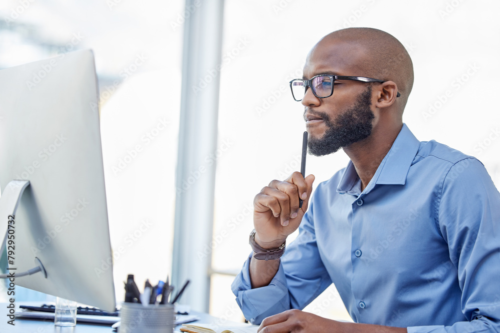 Poster computer, thinking and black man in office for planning, problem solving or business agent reading e