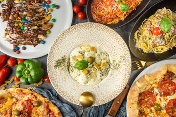 Table Full of Food: An image capturing a bountiful spread of various dishes arranged on a table, showcasing a diverse assortment of cuisines and flavors, ideal for feasts or banquets.