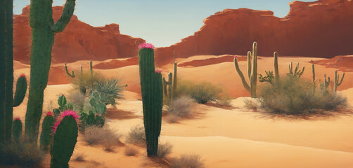 Landscape Desert, Cactus, Sun