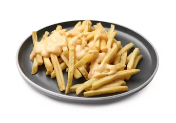 Fotobehang Delicious french fries with cheese sauce isolated on white © New Africa