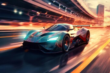 Obraz premium car driving fast on a highway created with generative AI software.