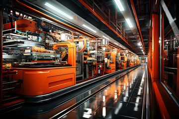Holographic of digital Factory machinery structure on orange base background. Future technology and machine control engineering. Monitor shows advanced Interface. Modern and office pedestrian
