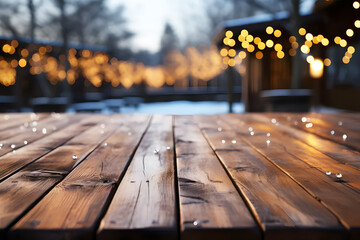 Empty brown wooden floor or table. White snow falling in middle of city at evening with trees and yellow backlight blur background. Realistic clipart template pattern.