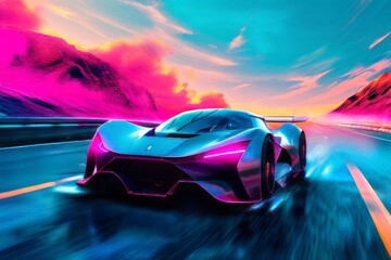 car driving fast on a highway  created with generative AI software. - obrazy, fototapety, plakaty