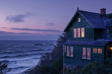 Fototapeta na wymiar Classic Cape Cod style vacation home painted in deep forest green, situated on a cliff overlooking the ocean, with waves crashing below at twilight.