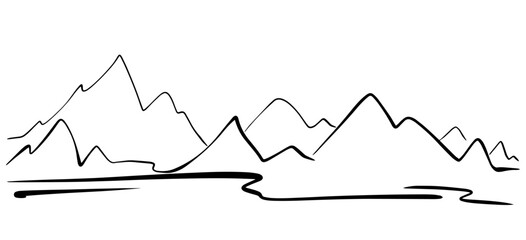 Hand drawn mountains sketch. Linear landscape. Dawn and sunset in the mountains. Mountain silhouette clipart vector EPS 10