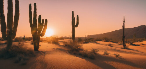 Landscape Desert, Cactus, Sun