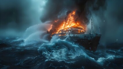 Ocean liner ship ablaze at sea in stormy conditions dramatic maritime disaster. Concept Shipwreck, Maritime Disaster, Ocean Storm, Dramatic Rescue, Sinking Ship