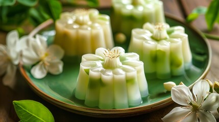 Thai dessert Khanom Chan, Exquisite layers of pandan-infused coconut cream jelly, meticulously...
