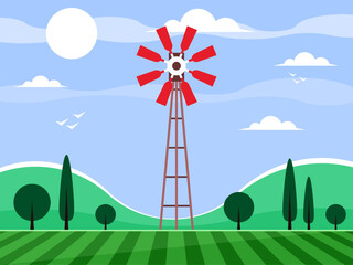 Water pumping windmill. Summer rural landscape with field and grass. Green area with blue sky and clouds. Nature background. Vector graphics