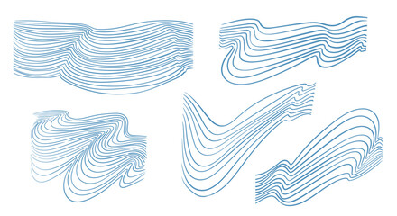Abstract liquid shapes, wave effect waves isolated vector symbols set. Graphic design pattern background template with dynamic curve shapes. Vector line wave background, 