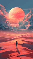Poster Person walking towards a giant red moon on an alien desert landscape © laperuz