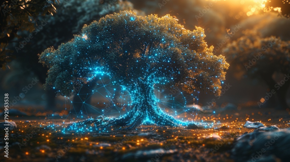 Aufkleber This is an abstract representation of a network connection or big data, a cyber polygon tree featuring a futuristic element in blue
